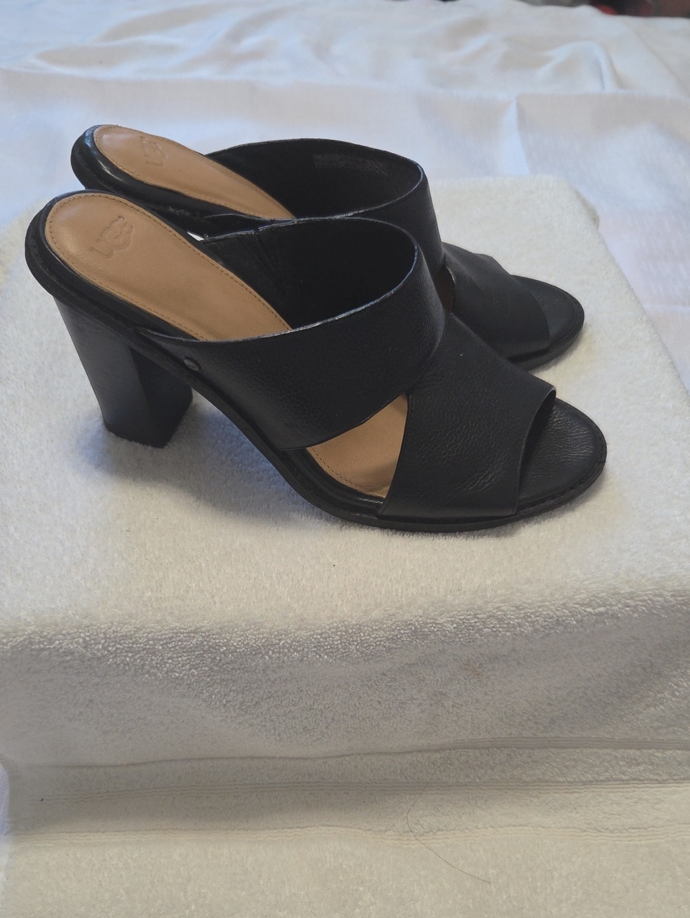 UGG Black Leather Crisscross Heeled Slide Sandals